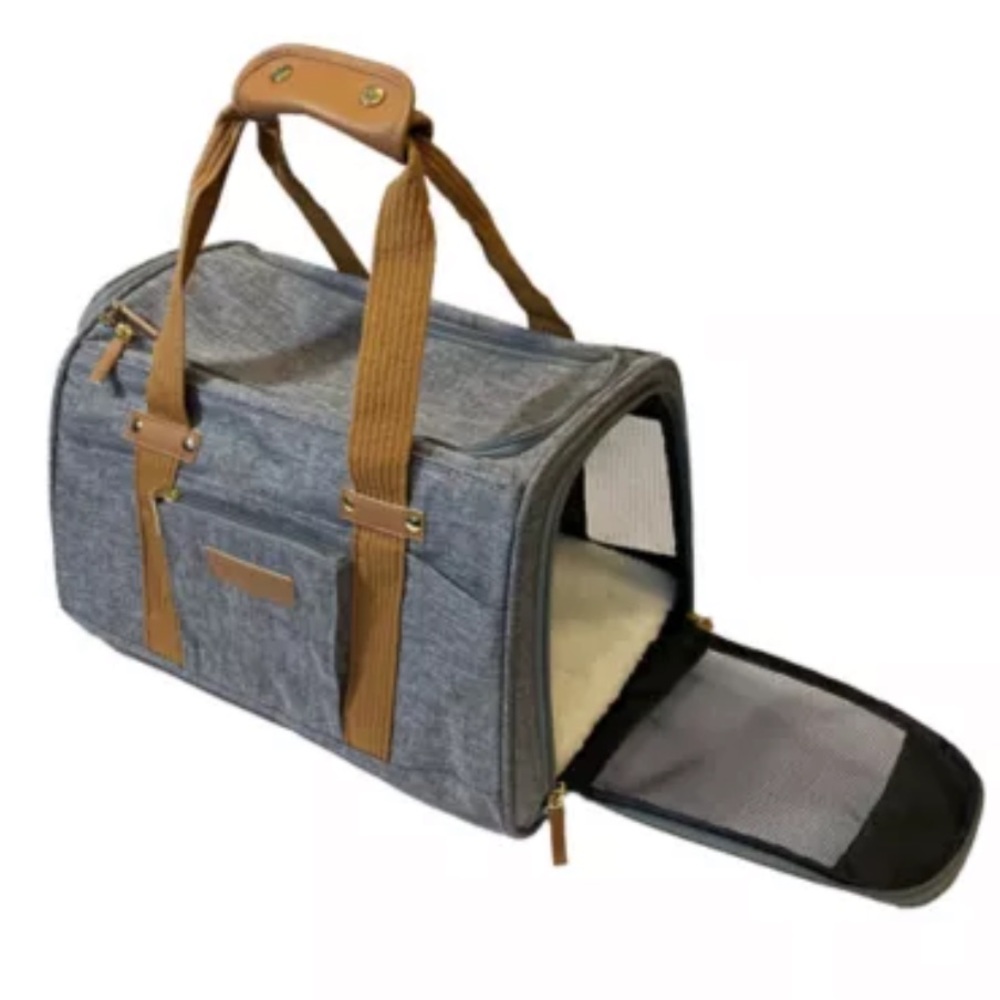 Dog Sherpa zipper top side Stylish Gray Tan Pet Carrier Bag car luggage